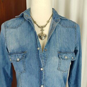 Vintage Cotton Chambray Western Snap Shirt, XS/S